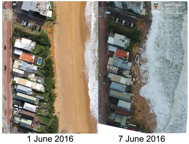 Image: Coastal erosion and damage to properties at Collaroy Beach in June 2016 (Source: UNSW Water Research Laboratory)